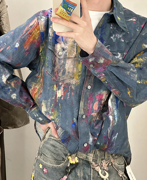 アクネストゥディオズ スプラッターペイント柄デニム長袖シャツ