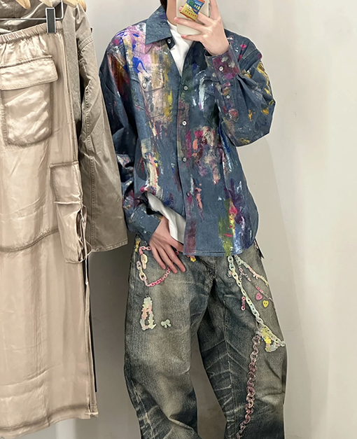 アクネストゥディオズ スプラッターペイント柄デニム長袖シャツ