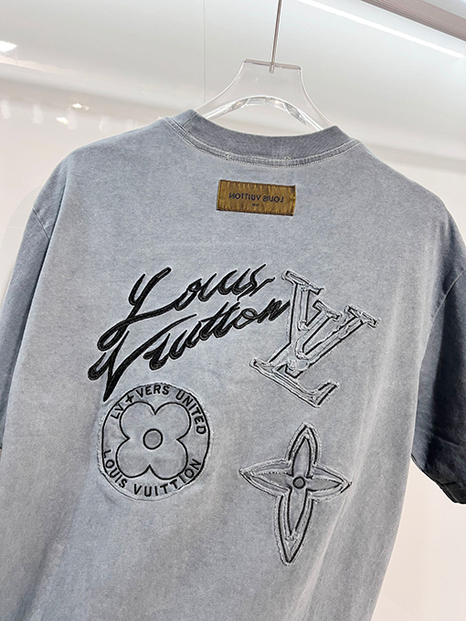 ルイヴィトン ダメージパッチワーク刺繍ロゴ入り半袖Tシャツ