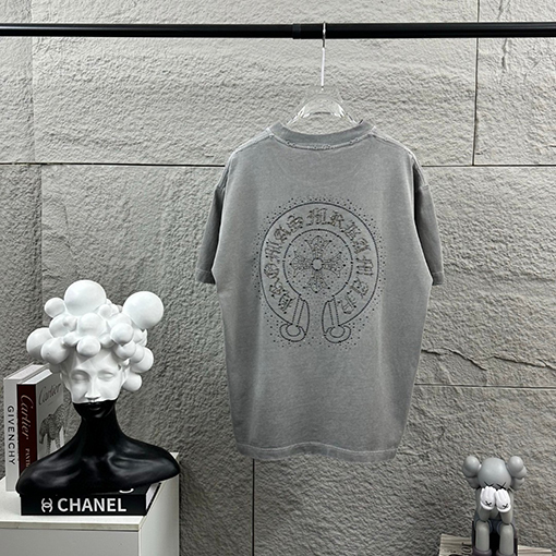 クロムハーツコピー 新モデルスタイルダメージウォッシュヴィンテージ風ラインストーン装飾の半袖Tシャツ
