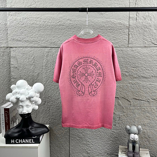 クロムハーツコピー 新モデルスタイルダメージウォッシュヴィンテージ風ラインストーン装飾の半袖Tシャツ