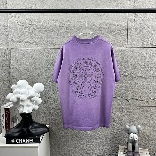 クロムハーツコピー 新モデルスタイルダメージウォッシュヴィンテージ風ラインストーン装飾の半袖Tシャツ