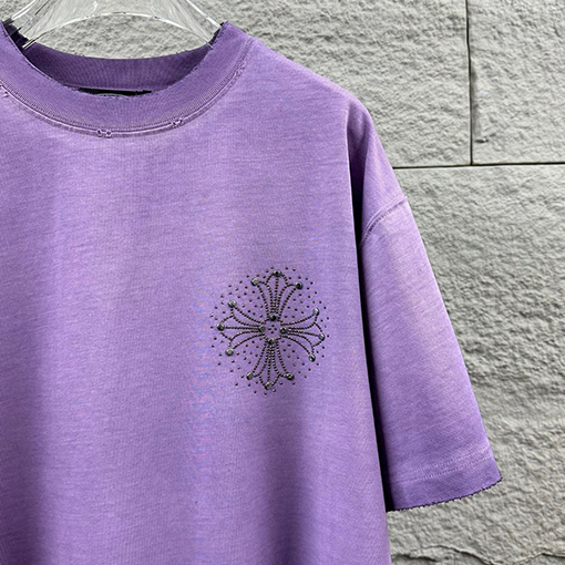 クロムハーツコピー 新モデルスタイルダメージウォッシュヴィンテージ風ラインストーン装飾の半袖Tシャツ