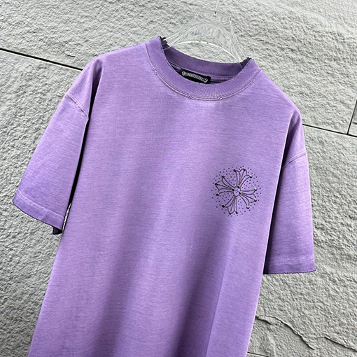 クロムハーツコピー 新モデルスタイルダメージウォッシュヴィンテージ風ラインストーン装飾の半袖Tシャツ