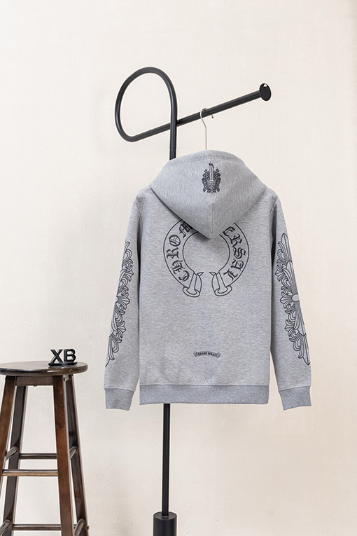 クロムハーツブランドコピー 馬蹄形の袖に文字プリントのドローストリング付きジップアップフードジャケット