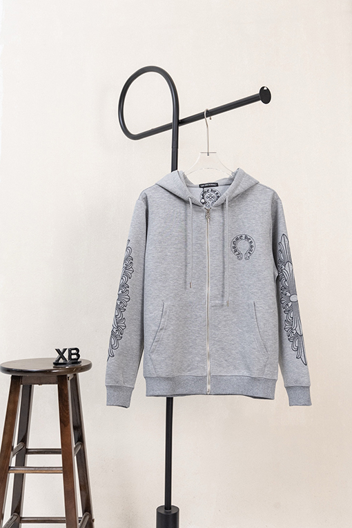 クロムハーツブランドコピー 馬蹄形の袖に文字プリントのドローストリング付きジップアップフードジャケット