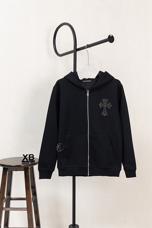 クロムハーツ パールがあしらわれた十字架の刺繍りフード付きジップアップスウェットシャツ