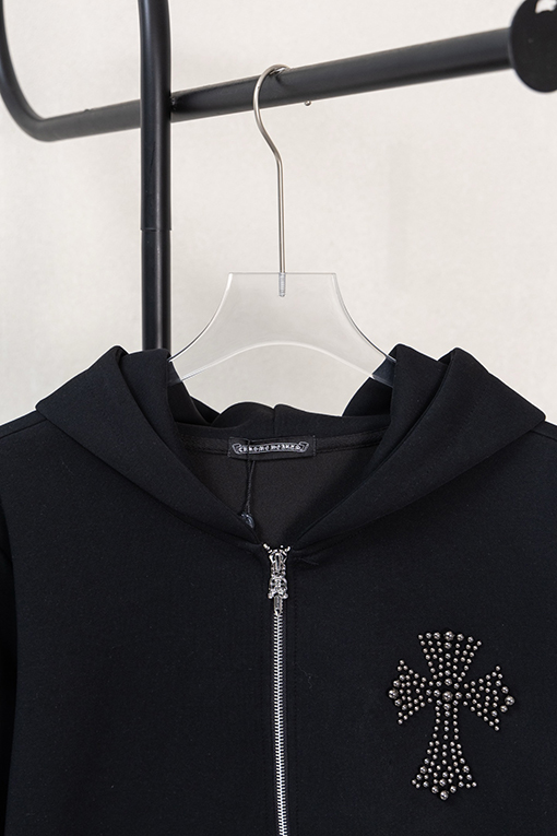 クロムハーツ パールがあしらわれた十字架の刺繍りフード付きジップアップスウェットシャツ