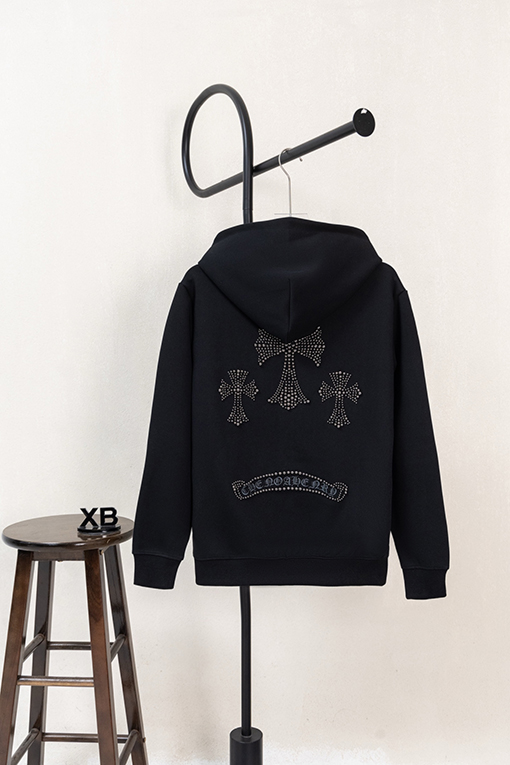 クロムハーツ パールがあしらわれた十字架の刺繍りフード付きジップアップスウェットシャツ