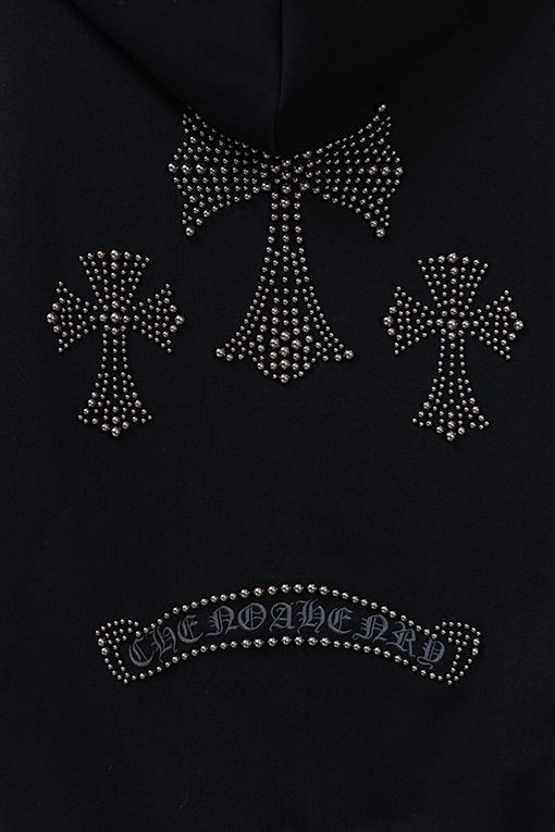 クロムハーツ パールがあしらわれた十字架の刺繍りフード付きジップアップスウェットシャツ