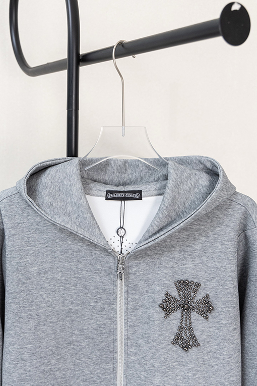 クロムハーツ パールがあしらわれた十字架の刺繍りフード付きジップアップスウェットシャツ
