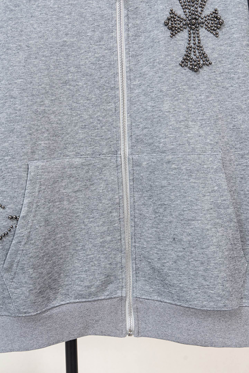 クロムハーツ パールがあしらわれた十字架の刺繍りフード付きジップアップスウェットシャツ