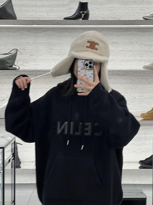 セリーヌ CELINE レザーアップリケ刺繍りウールパーカー