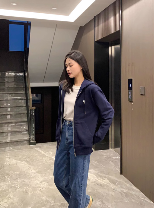 アミ 刺繍りジッパー付きフード付きスウェットシャツジャケット