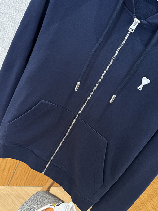 アミ 刺繍りジッパー付きフード付きスウェットシャツジャケット