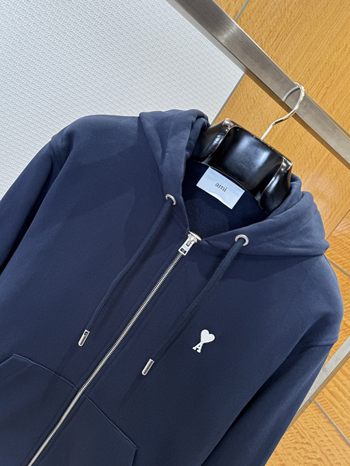 アミ 刺繍りジッパー付きフード付きスウェットシャツジャケット