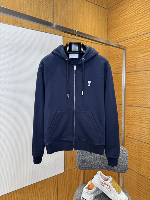 アミ 刺繍りジッパー付きフード付きスウェットシャツジャケット