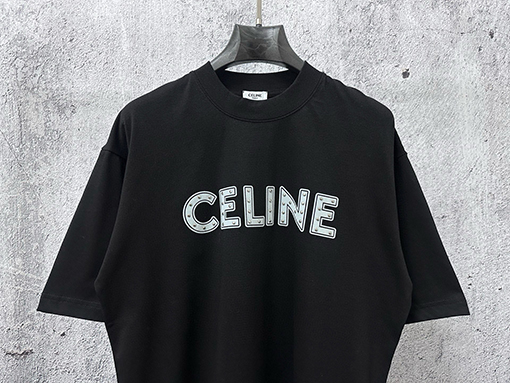 セリーヌ CELINE レターロゴ入りスタッズ付きカップル半袖Tシャツ