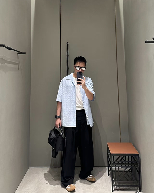 ロエベ LOEWE パッチポケット付き刺繍入りのチェック柄半袖シャツ