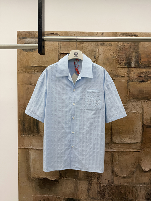 ロエベ LOEWE パッチポケット付き刺繍入りのチェック柄半袖シャツ