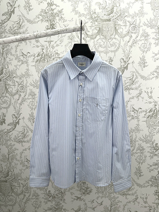 サンローランスーパーコピー ストライプ柄の尖った襟ボタン付き胸ポケット長袖シャツ