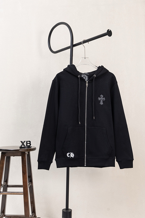 クロムハーツ レザーラベルクロス刺繍ロゴプリントドローストリングジップアップ、フード付きジャケット