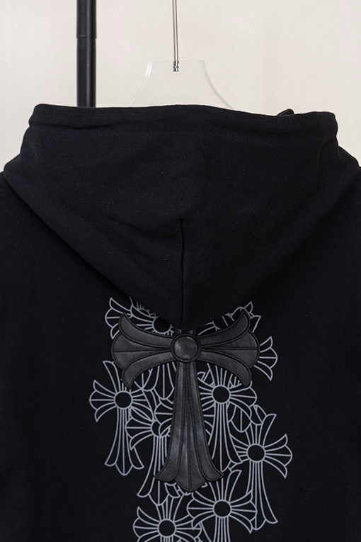 クロムハーツ レザーラベルクロス刺繍ロゴプリントドローストリングジップアップ、フード付きジャケット