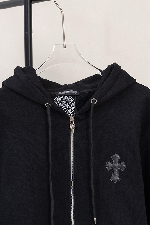 クロムハーツ レザーラベルクロス刺繍ロゴプリントドローストリングジップアップ、フード付きジャケット