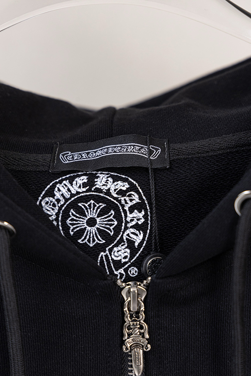 クロムハーツ レザーラベルクロス刺繍ロゴプリントドローストリングジップアップ、フード付きジャケット