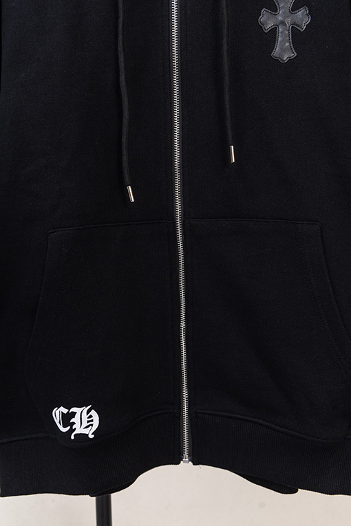 クロムハーツ レザーラベルクロス刺繍ロゴプリントドローストリングジップアップ、フード付きジャケット