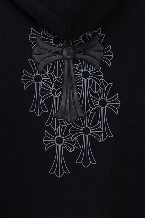 クロムハーツ レザーラベルクロス刺繍ロゴプリントドローストリングジップアップ、フード付きジャケット