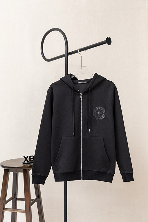 クロムハーツコピー 胸に革製のクロス刺繍ドローストリング付きジッパー開閉のフード付きジャケット