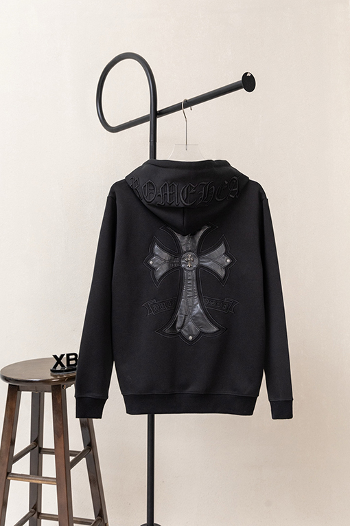 クロムハーツコピー 胸に革製のクロス刺繍ドローストリング付きジッパー開閉のフード付きジャケット