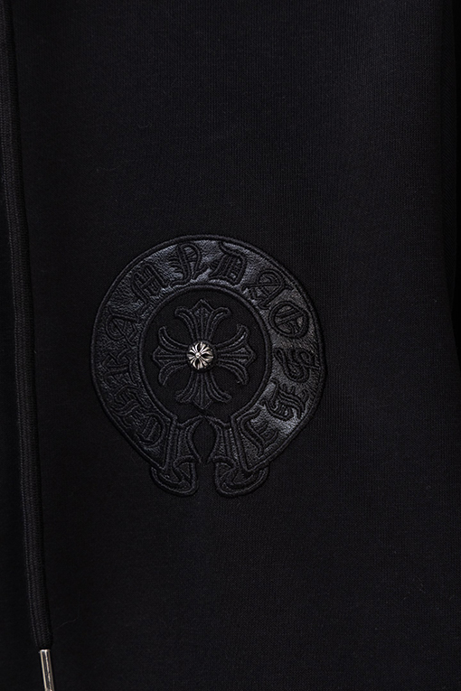 クロムハーツコピー 胸に革製のクロス刺繍ドローストリング付きジッパー開閉のフード付きジャケット