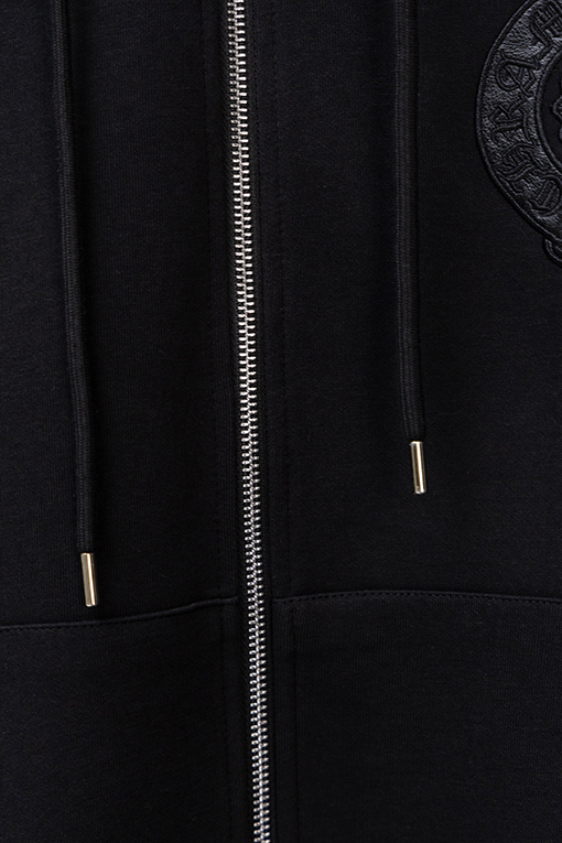 クロムハーツコピー 胸に革製のクロス刺繍ドローストリング付きジッパー開閉のフード付きジャケット