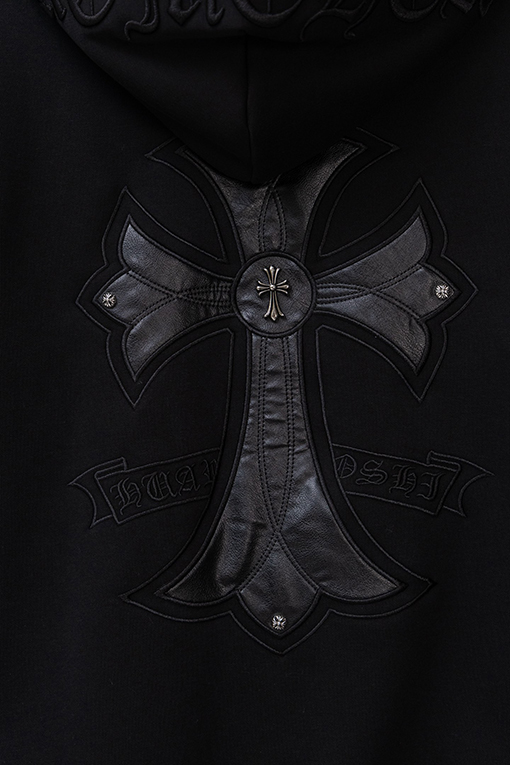 クロムハーツコピー 胸に革製のクロス刺繍ドローストリング付きジッパー開閉のフード付きジャケット