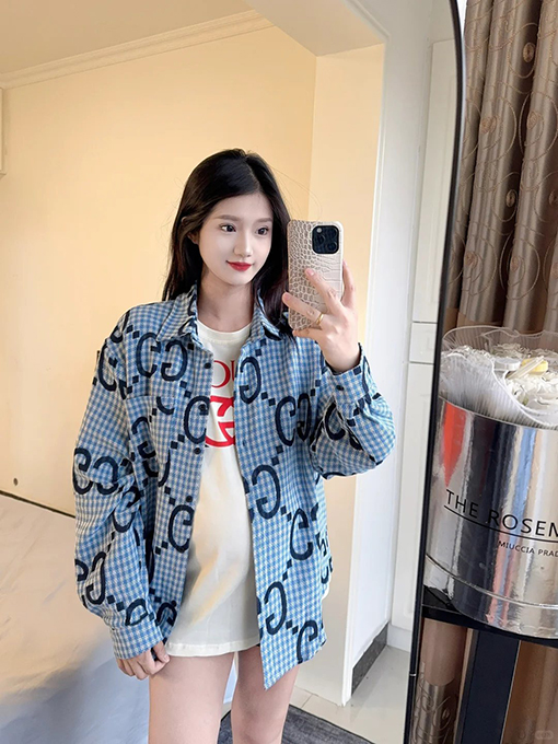 グッチブランドコピー 細かいチェック柄のダブルG総柄プリント長袖シャツ