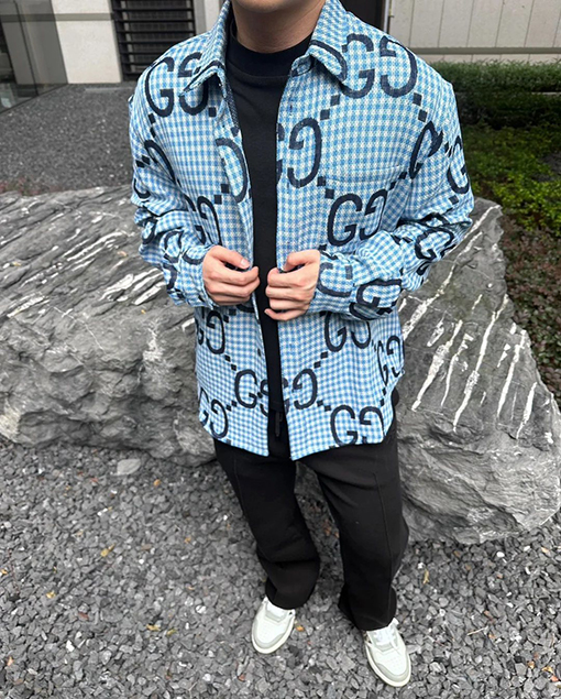 グッチブランドコピー 細かいチェック柄のダブルG総柄プリント長袖シャツ
