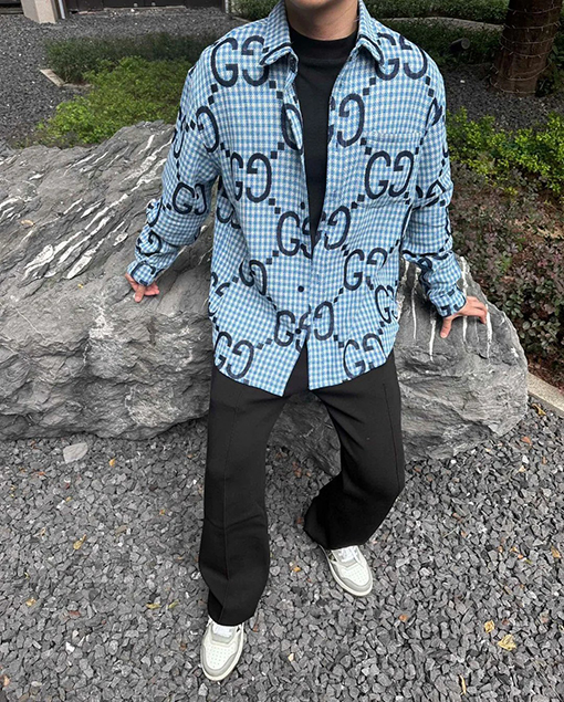 グッチブランドコピー 細かいチェック柄のダブルG総柄プリント長袖シャツ