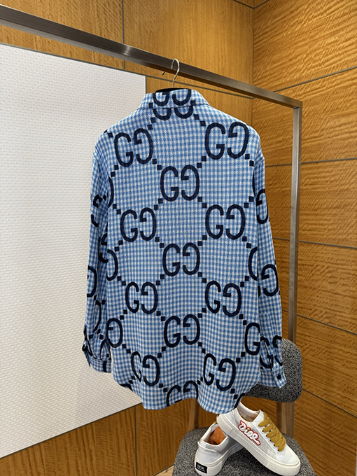 グッチブランドコピー 細かいチェック柄のダブルG総柄プリント長袖シャツ