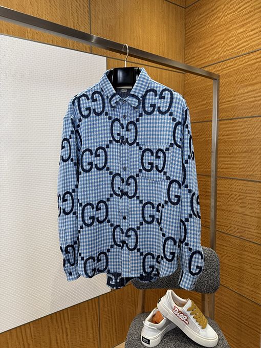 グッチブランドコピー 細かいチェック柄のダブルG総柄プリント長袖シャツ