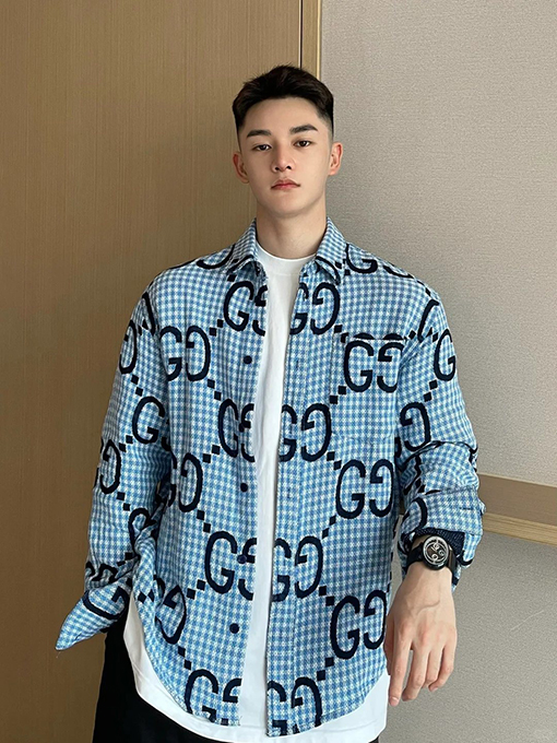 グッチブランドコピー 細かいチェック柄のダブルG総柄プリント長袖シャツ