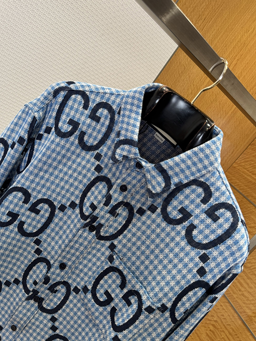 グッチブランドコピー 細かいチェック柄のダブルG総柄プリント長袖シャツ