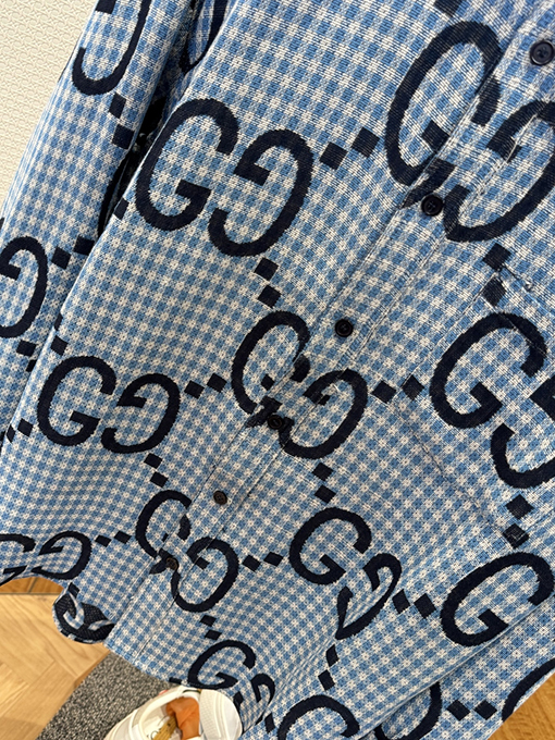 グッチブランドコピー 細かいチェック柄のダブルG総柄プリント長袖シャツ