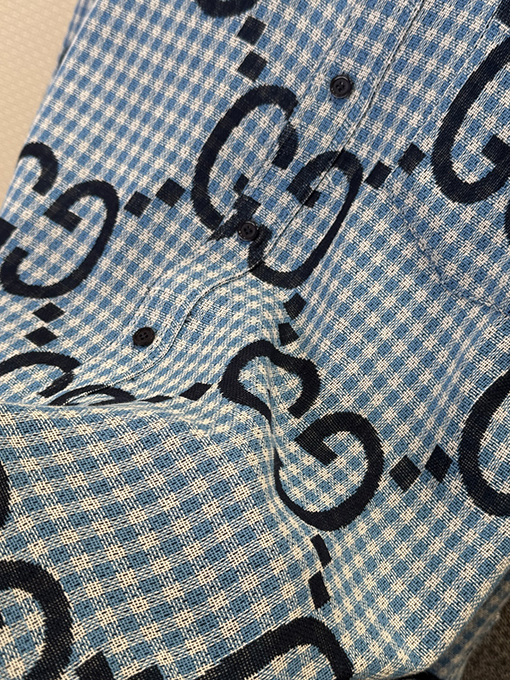 グッチブランドコピー 細かいチェック柄のダブルG総柄プリント長袖シャツ