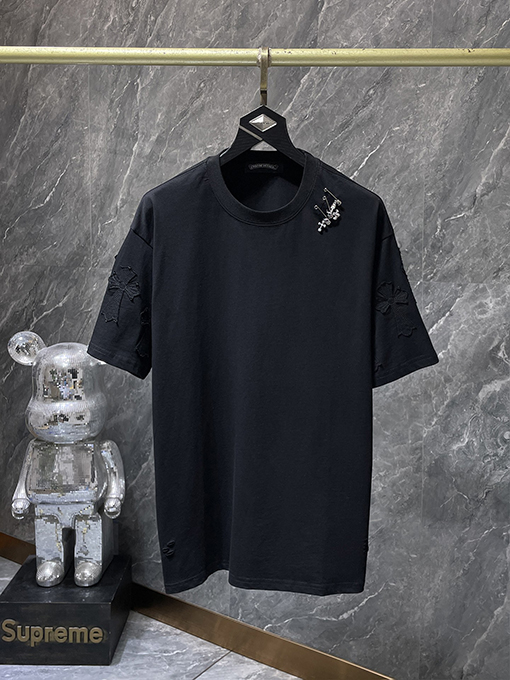クロムハーツコピー 破れたピン刺繍アップリケ付き半袖Tシャツ