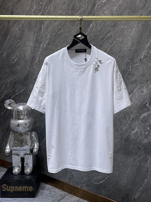 クロムハーツコピー 破れたピン刺繍アップリケ付き半袖Tシャツ