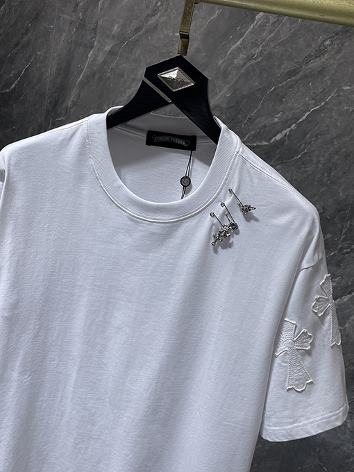 クロムハーツコピー 破れたピン刺繍アップリケ付き半袖Tシャツ