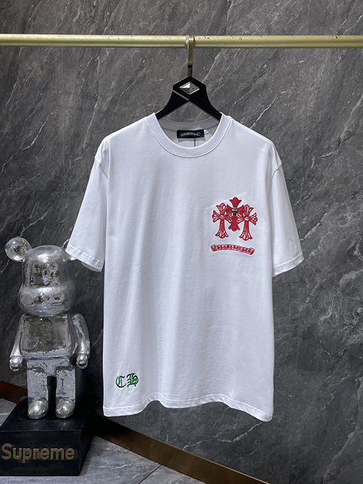 クロムハーツ ホースシュークロスの手作りアップリケ刺繍入り半袖Tシャツ