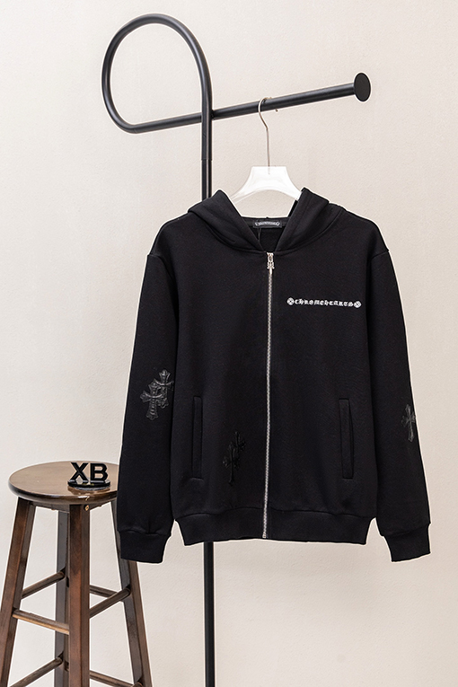 クロムハーツ レタープリントのマルチレザーラベルロゴ刺繍入りジップアップフード付きジャケット